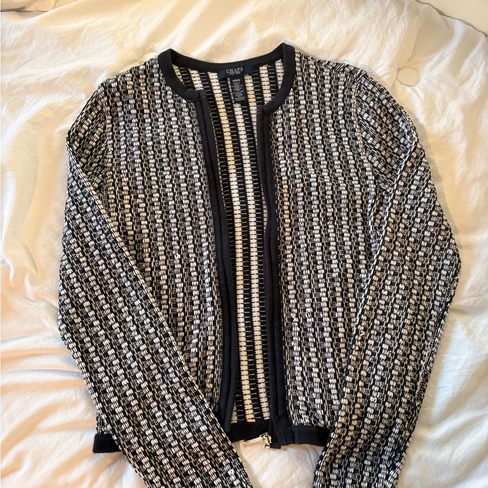 Vintage Chaps Blue and White Knit Textured Cotton Cardigan Med - Zip up